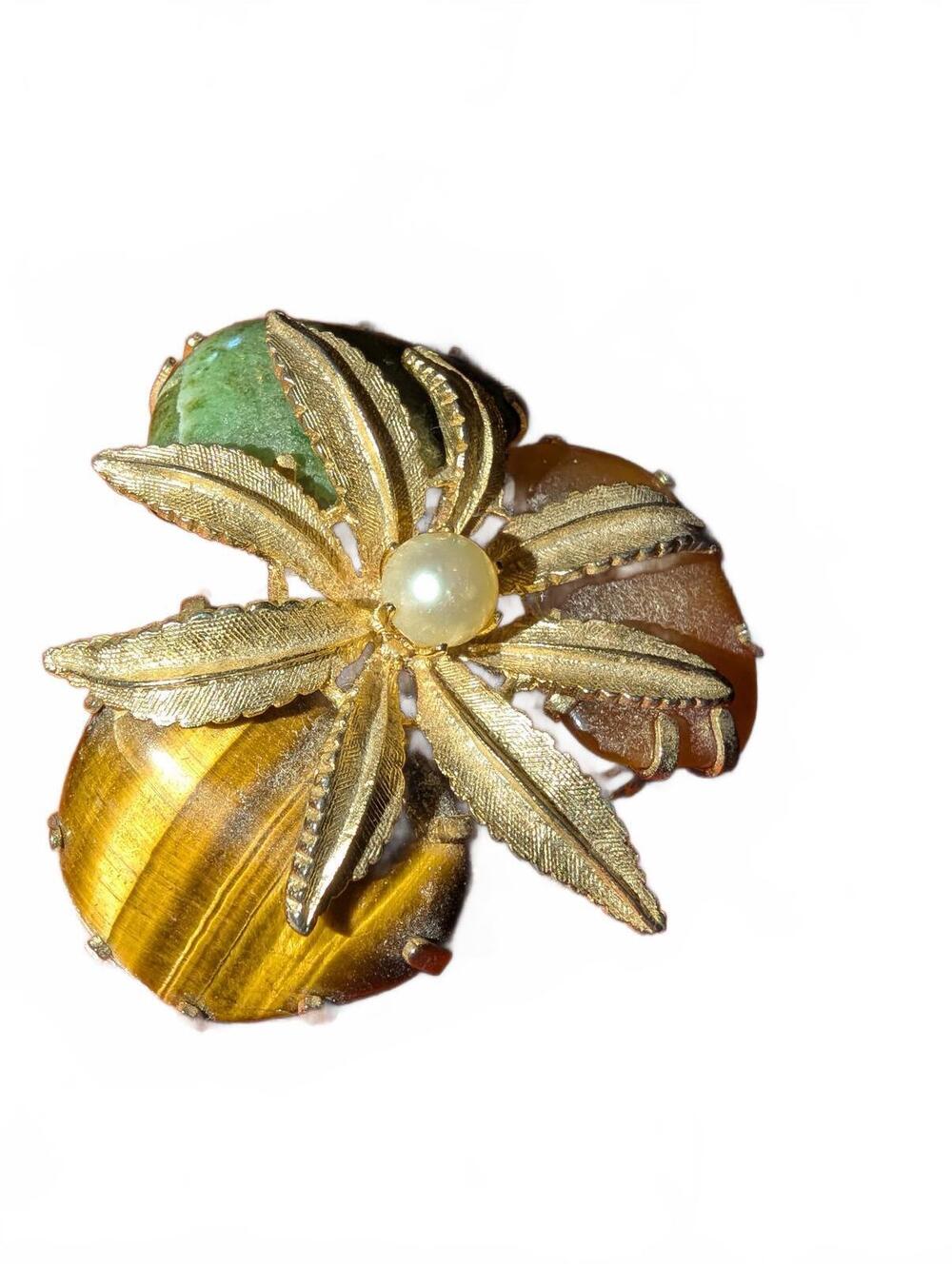 Vintage Floral Brooch with Semi-Precious Stones and Faux Pearl Center